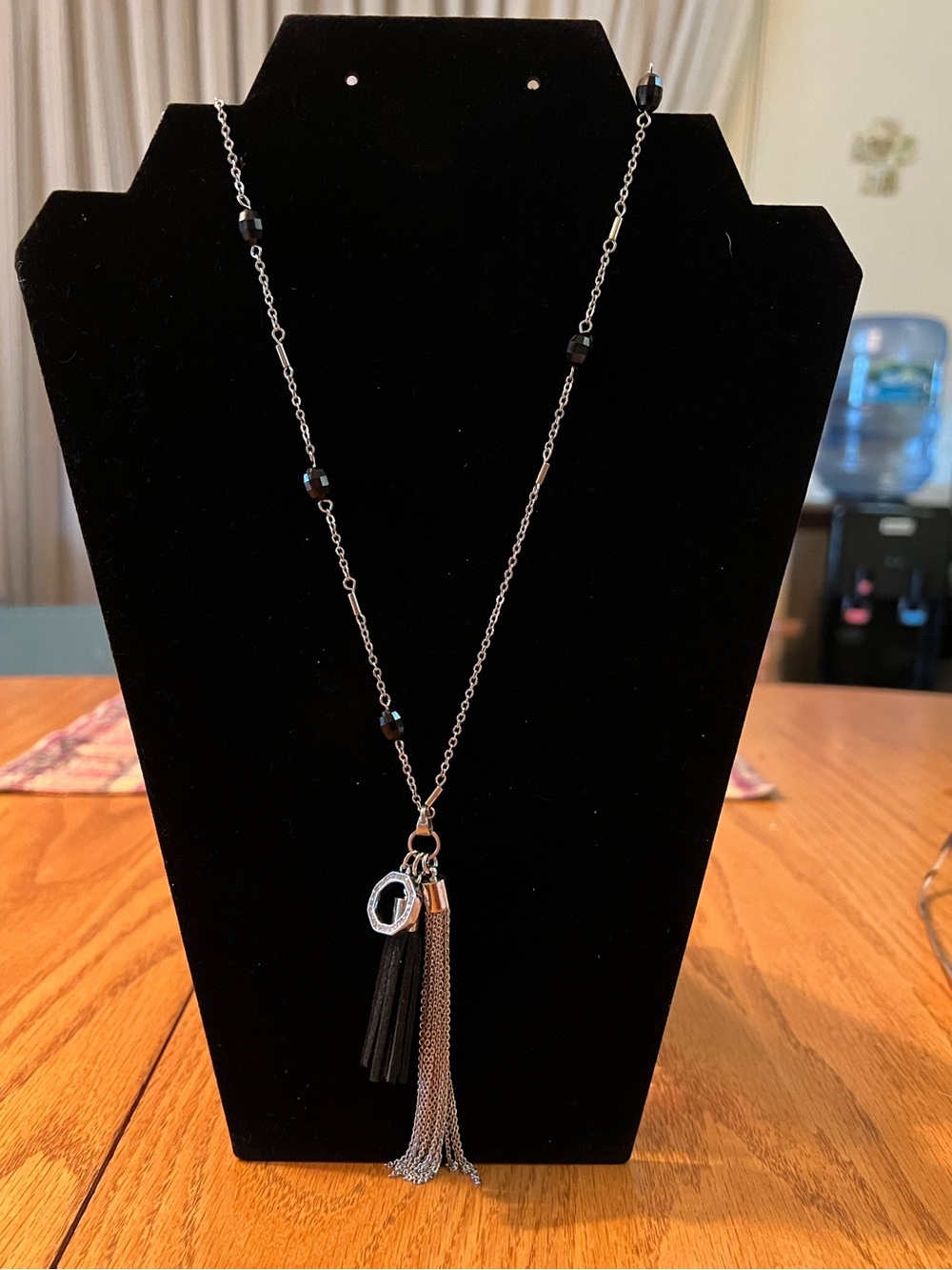 White House Black Market Silver Chain Necklace with Black Beads and Tassels, NWT